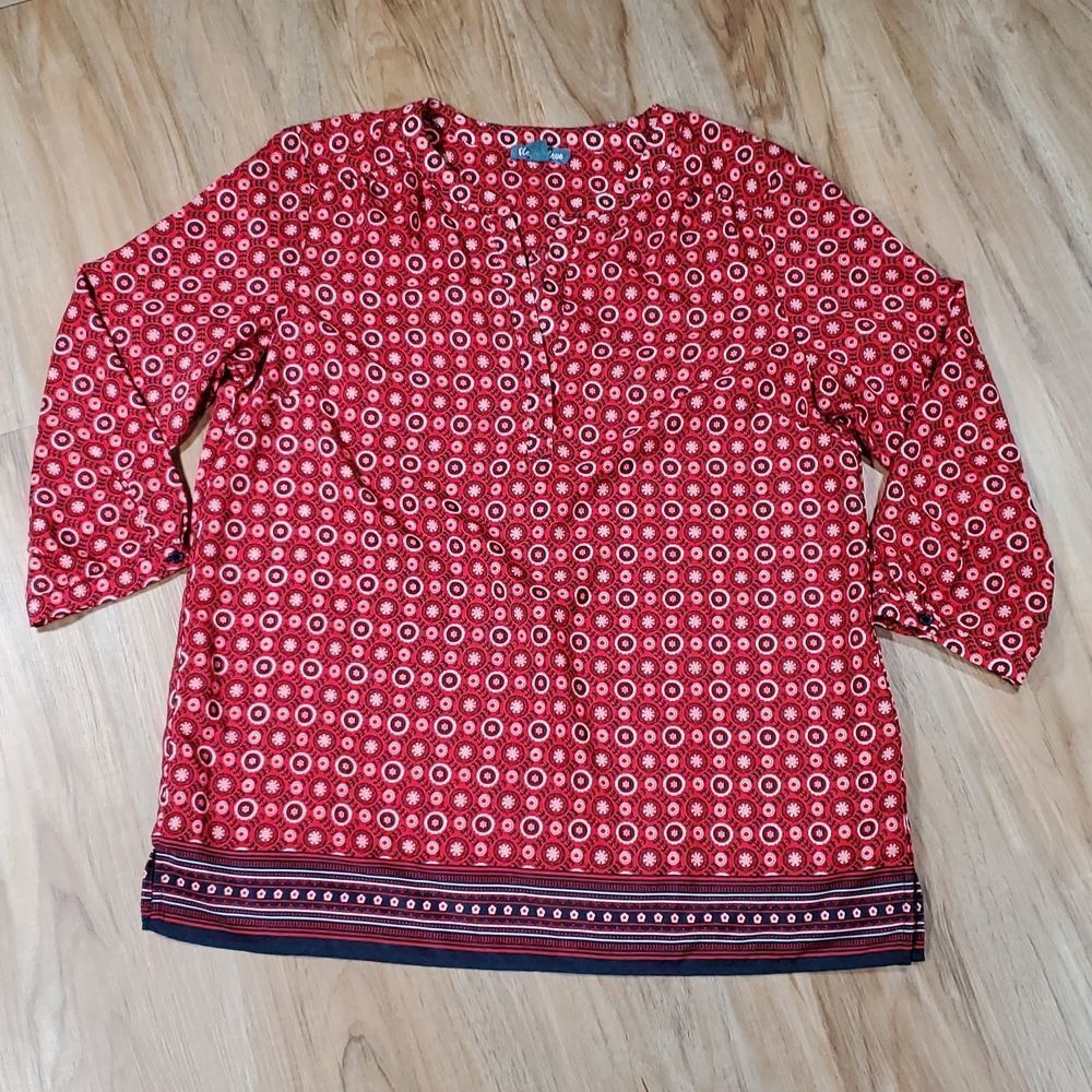 🔺️Fleur Bleue Red & Blue Print Popover 3/4 Sleeve Top Medium